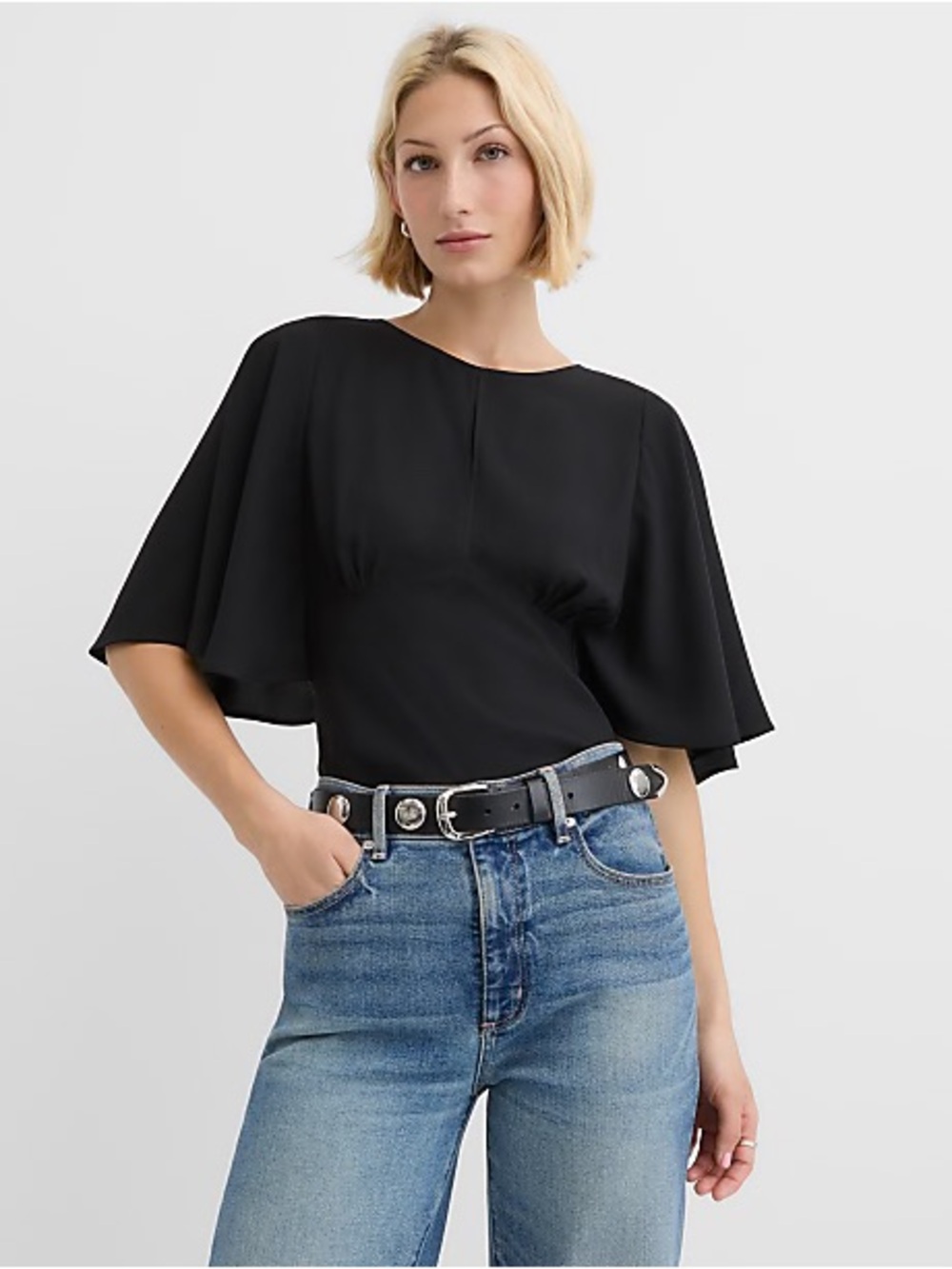 Loft Black Flutter Sleeve Keyhole Blouse